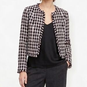 H&M Divided Black Pink Plaid Tweed Fringe Trim Cropped Blazer Jacket Size XS